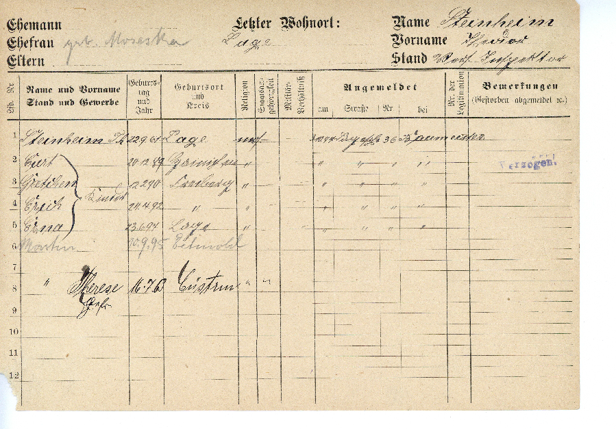 Meldekarte für die Familie Steinheim in Detmold (StdA DT MK)